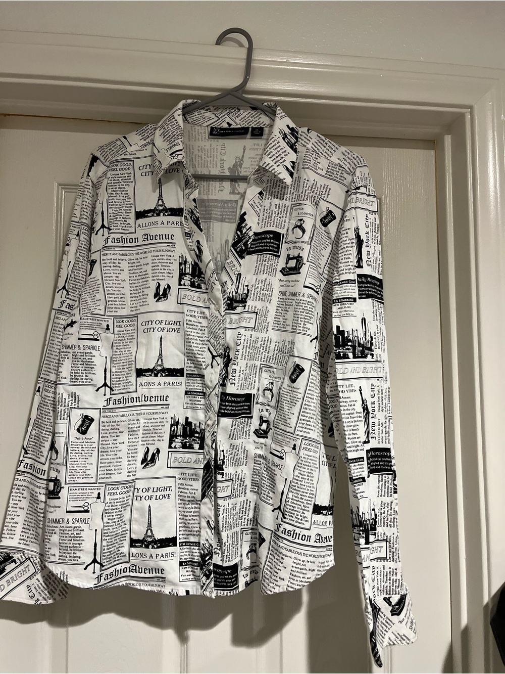 New York & Company Black & White Newspaper Print Button-Down Shirt